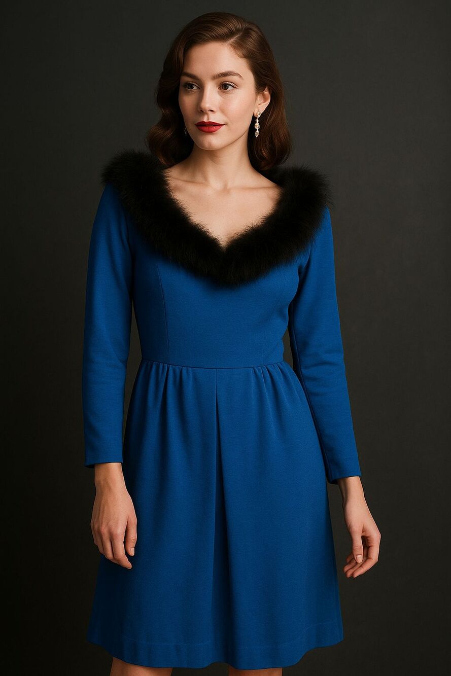 Vintage 1960s Blue Dress with Faux Fur Collar – Inverted Box Pleat Skirt - Med